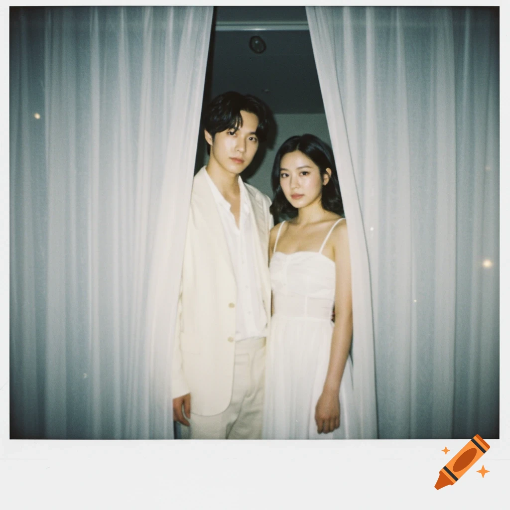 A man and a woman in white attire stand in front of white curtains, captured in a vintage Polaroid style.