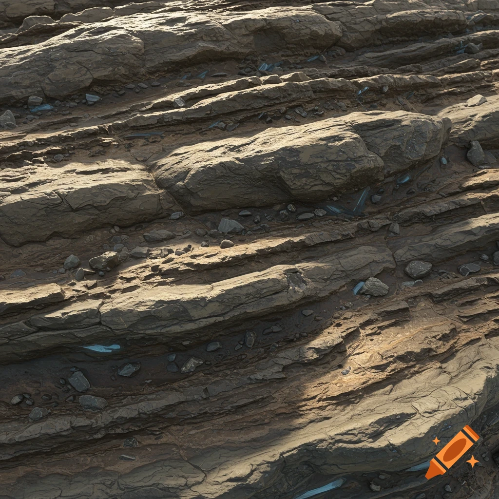 Close-up of realistic rocky terrain with soil layers, pebbles, and mineral striations under soft natural lighting.