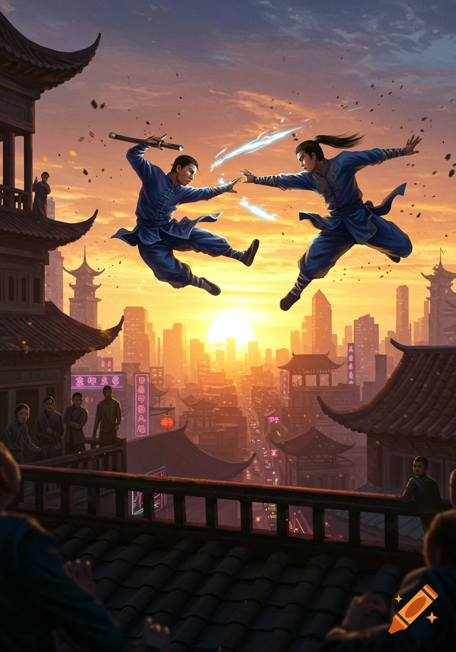 Two martial artists in blue robes jump and fight over a bustling Asian city at sunset, in a dynamic digital illustration.