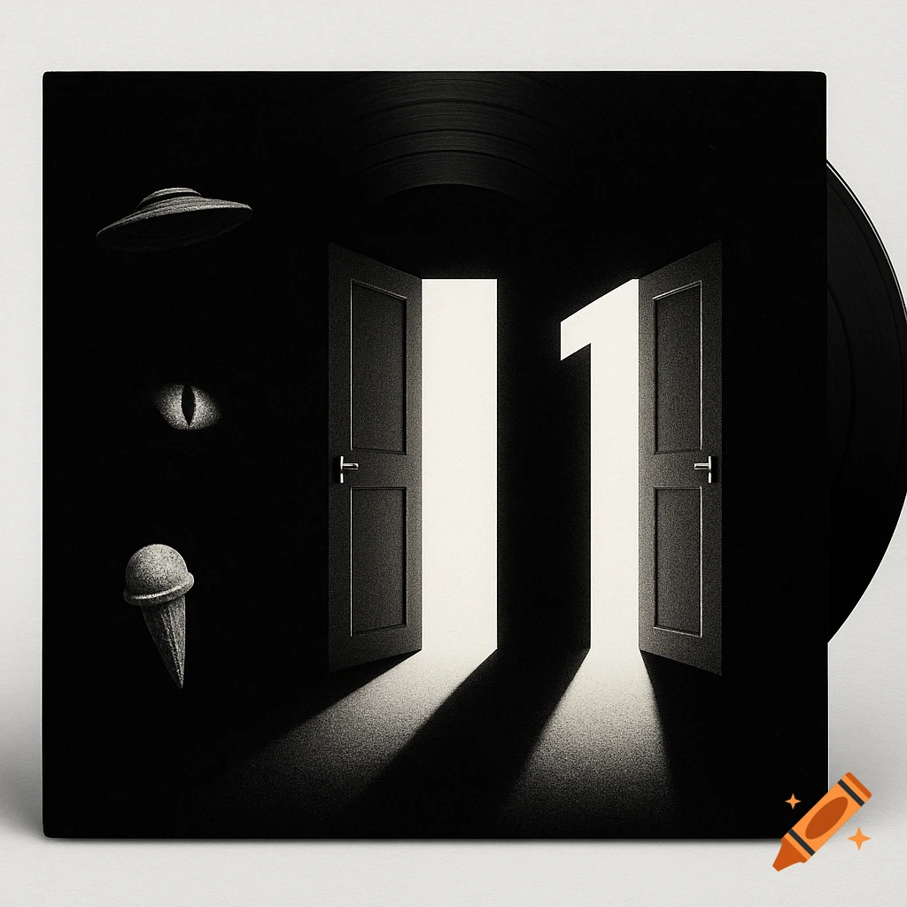 Black and white LP cover with two illuminated doors forming the number 11, alongside a UFO, cat's eye, and ice cream cone in the dark.