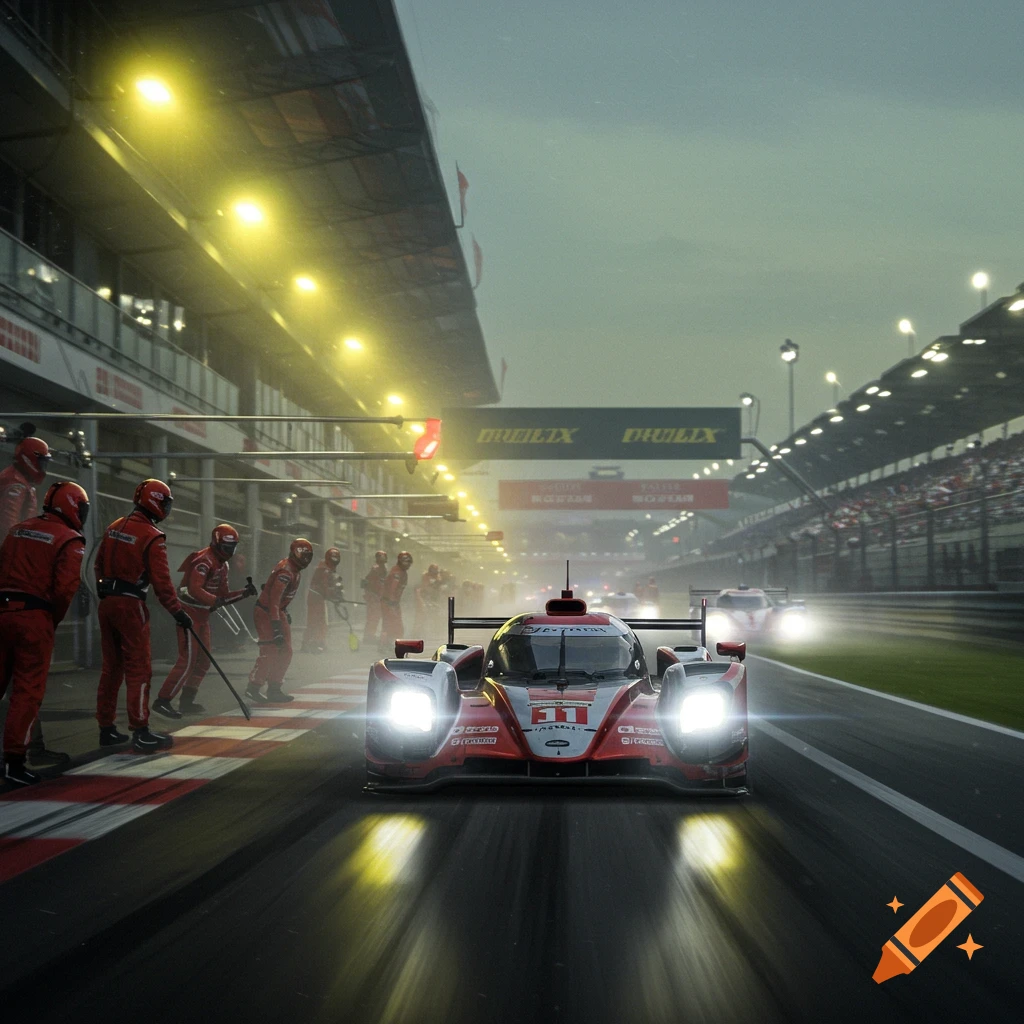 A red and white race car with bright headlights on a track at dusk, with pit crew members in red suits visible on the left.