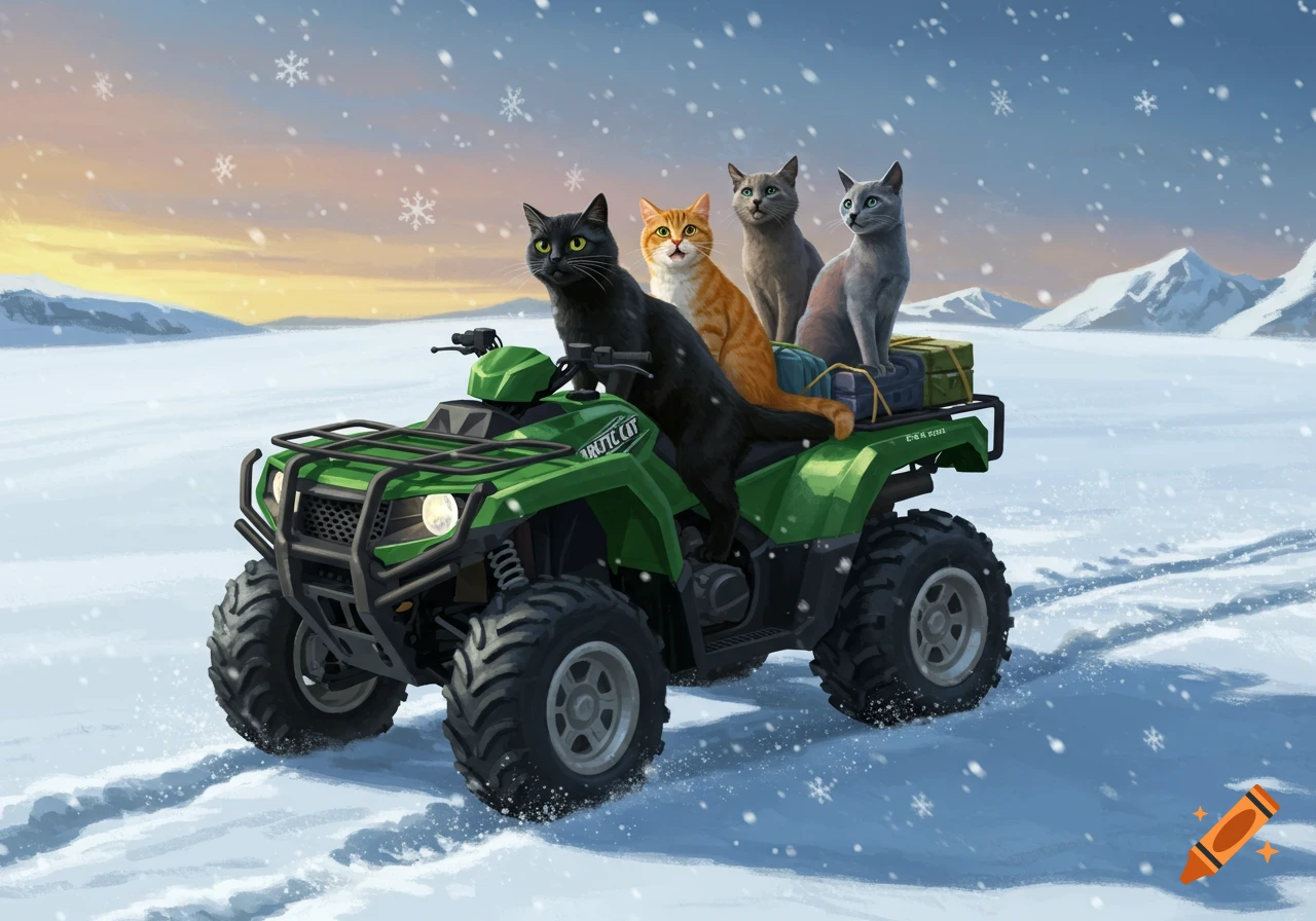 A black cat drives a green ATV with an orange cat, a gray cat, and a Russian Blue cat riding in a snowy mountain landscape.