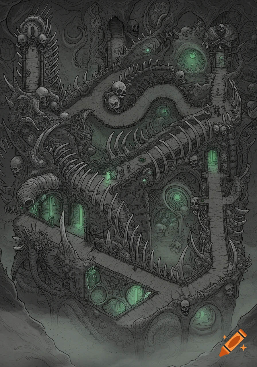 Detailed 2D battle map of a dark, H.R. Giger-themed bio-mechanical castle dungeon with skulls, bones, and eerie green lights.