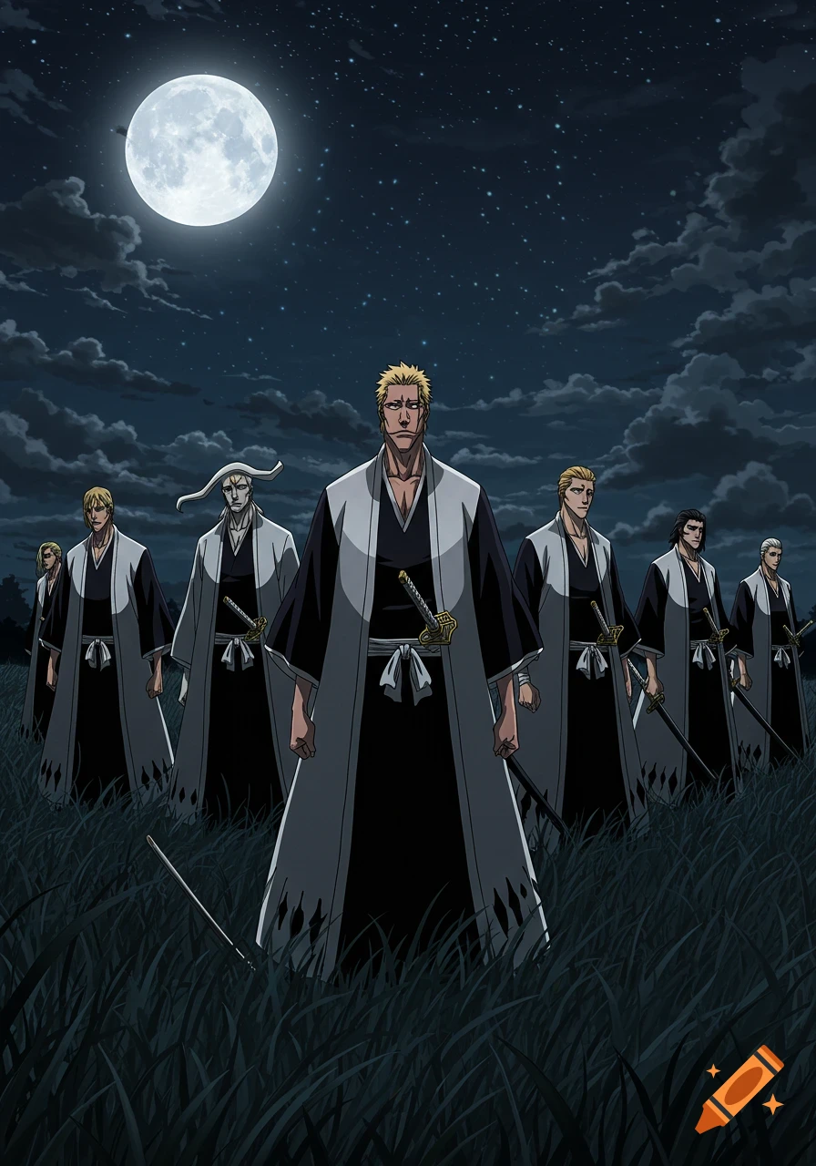 Seven male characters in traditional Japanese attire stand in a dark grassy field under a large full moon at night, in an anime style.