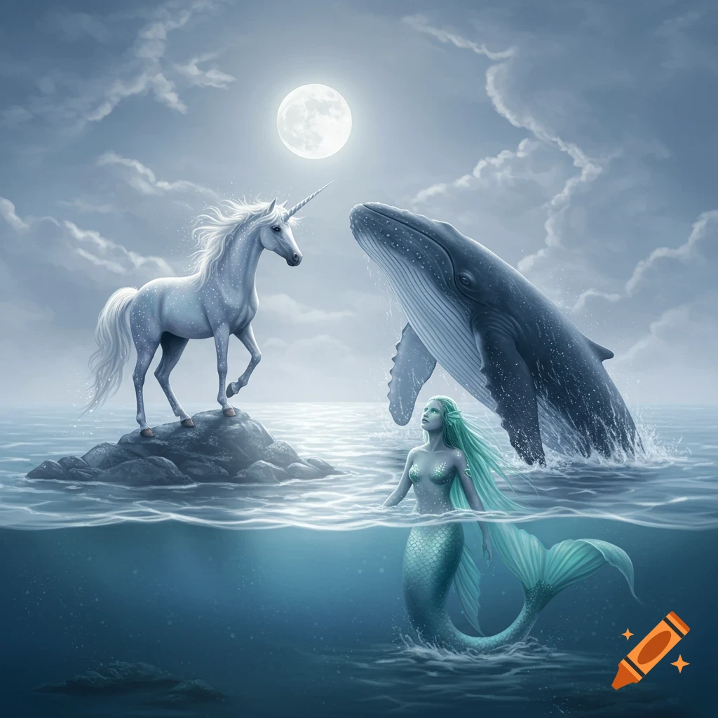 Digital painting of a unicorn on a rock, a breaching whale, and a mermaid in moonlit ocean.