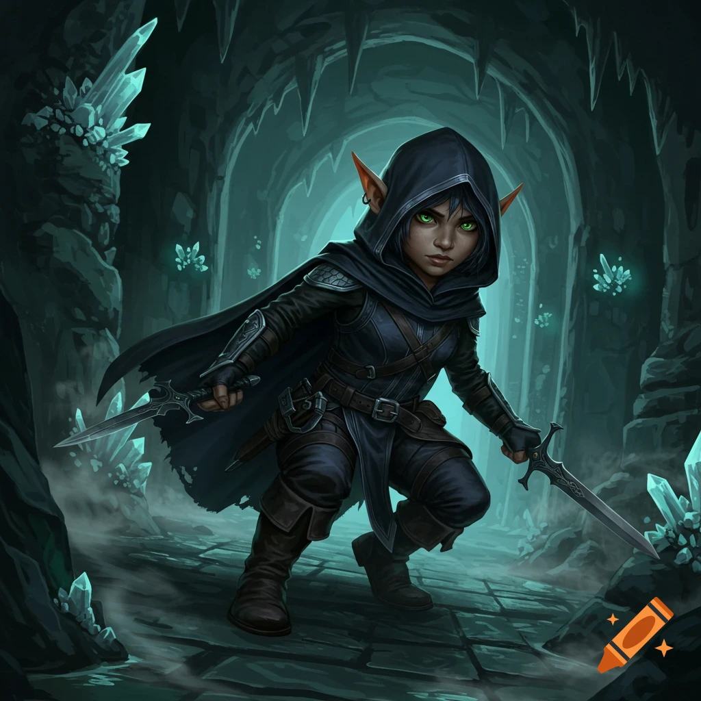 A female gnome rogue with glowing green eyes, dressed in dark hooded clothing, holds two daggers in a dark, crystal-filled cave.