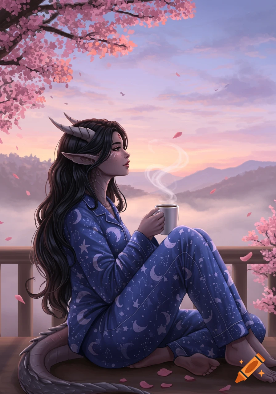 A fantasy dragon hybrid woman in starry pajamas drinks coffee on a balcony amidst cherry blossoms, overlooking misty mountains at sunrise.