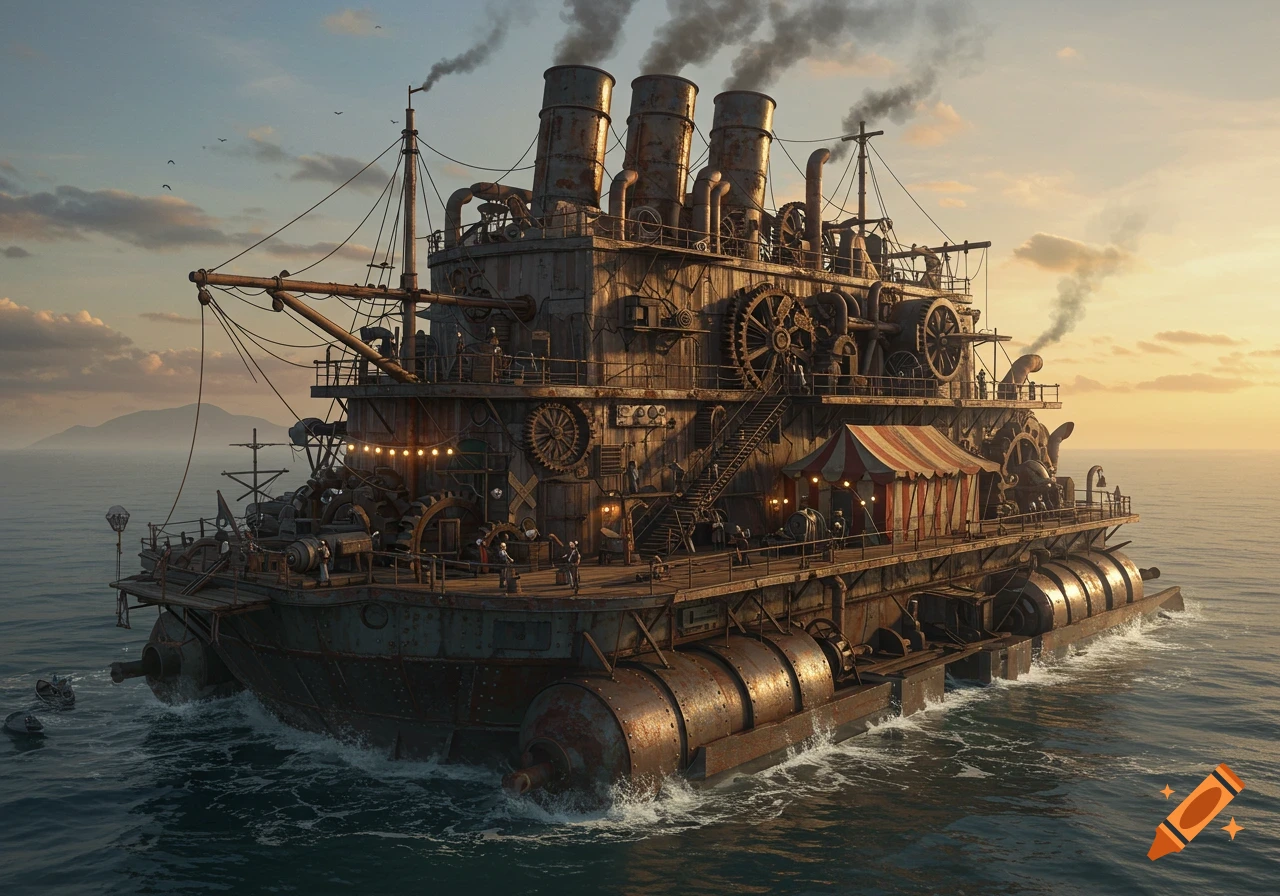 A massive, intricate steampunk carnival ship, adorned with gears, pipes, and a striped tent, steams across the ocean at sunset.