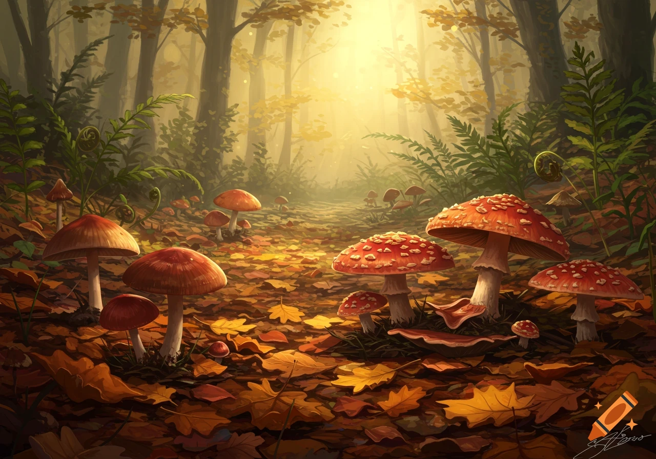 A vibrant fantasy illustration of a sunlit autumn forest floor covered in colorful leaves and various mushrooms.