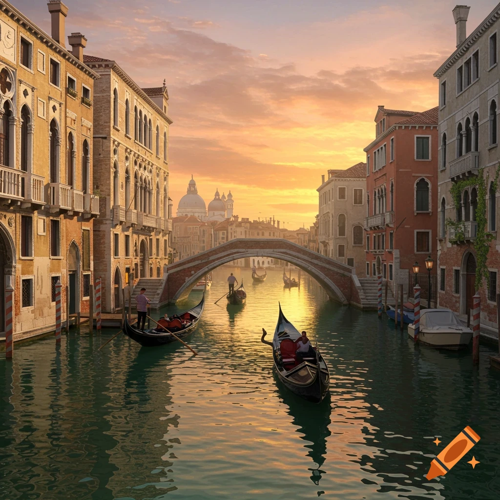 A photorealistic image of gondolas on a Venice canal at sunset, with historic buildings lining the canal and an arched bridge.