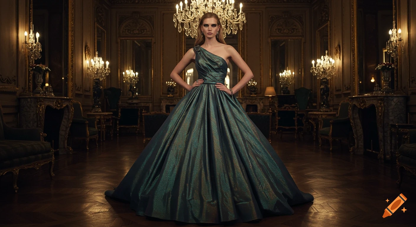 A woman in a shimmering teal one-shoulder ball gown stands in a grand, ornate hall with chandeliers.
