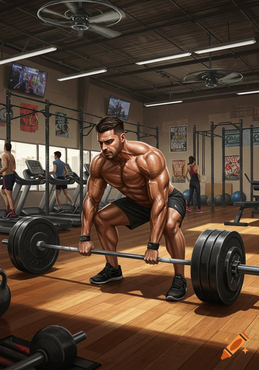 A muscular man performing a deadlift with a barbell in a busy gym, surrounded by other exercisers and equipment. Digital illustration.