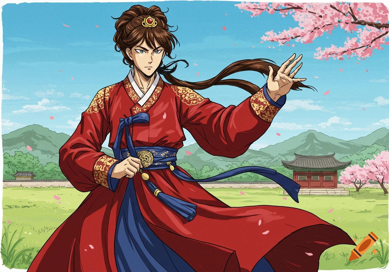 Anime-style character in red and blue hanbok in a spring landscape with cherry blossoms and Korean architecture.