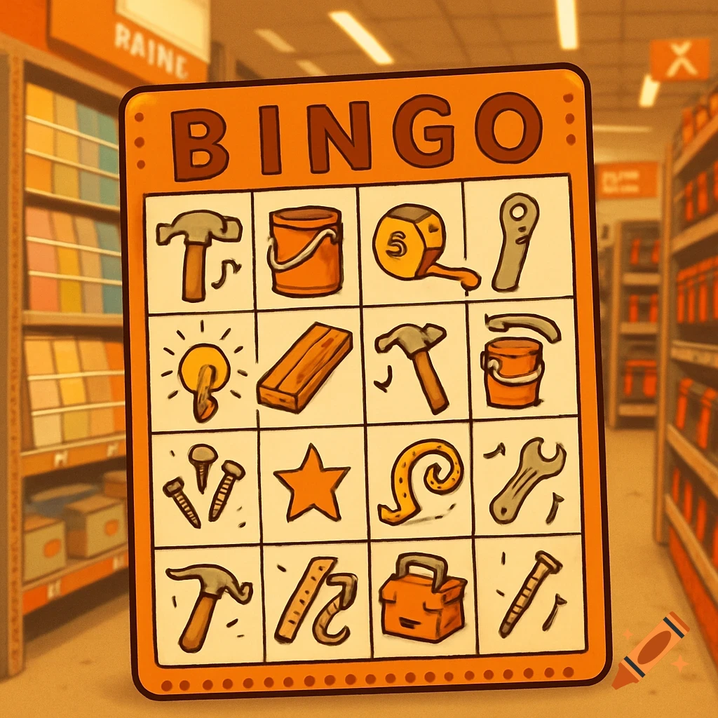 A cartoon bingo card filled with various tools like hammers, nails, and buckets, set in a hardware store aisle with shelves of paint and other items.