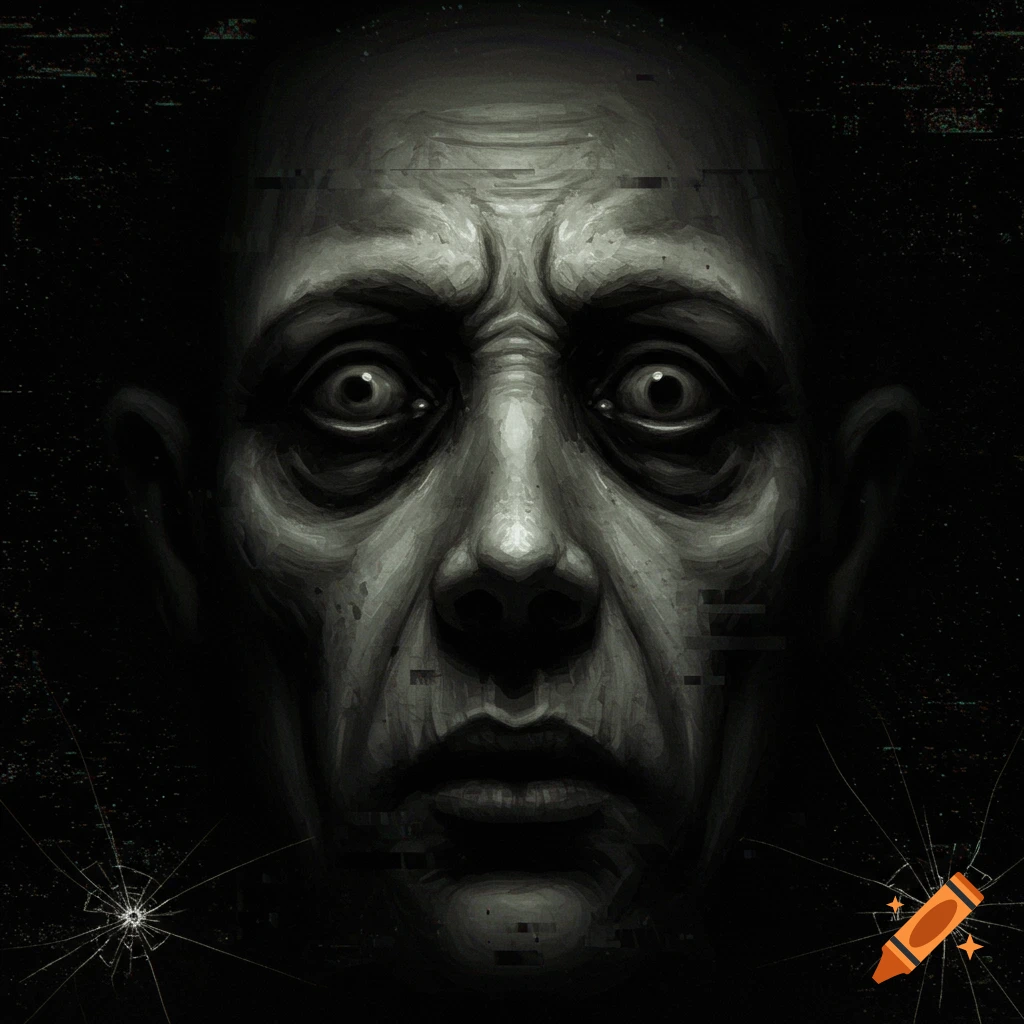 A grayscale, unsettling, gaunt face with wide, staring eyes and wrinkled skin, against a dark, glitchy background with cracked glass effects.