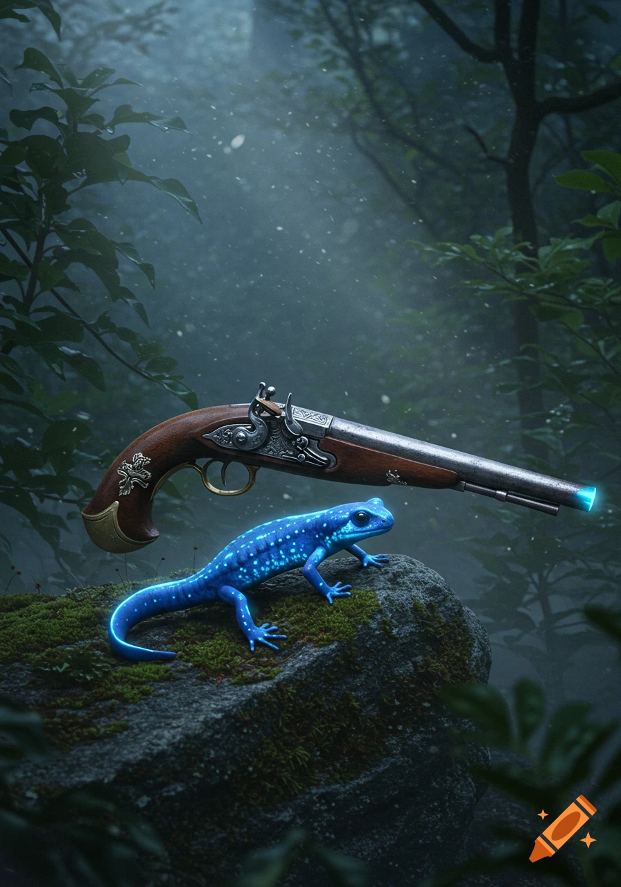 A glowing blue salamander sits on a mossy rock in a misty forest next to an ornate flintlock pistol.