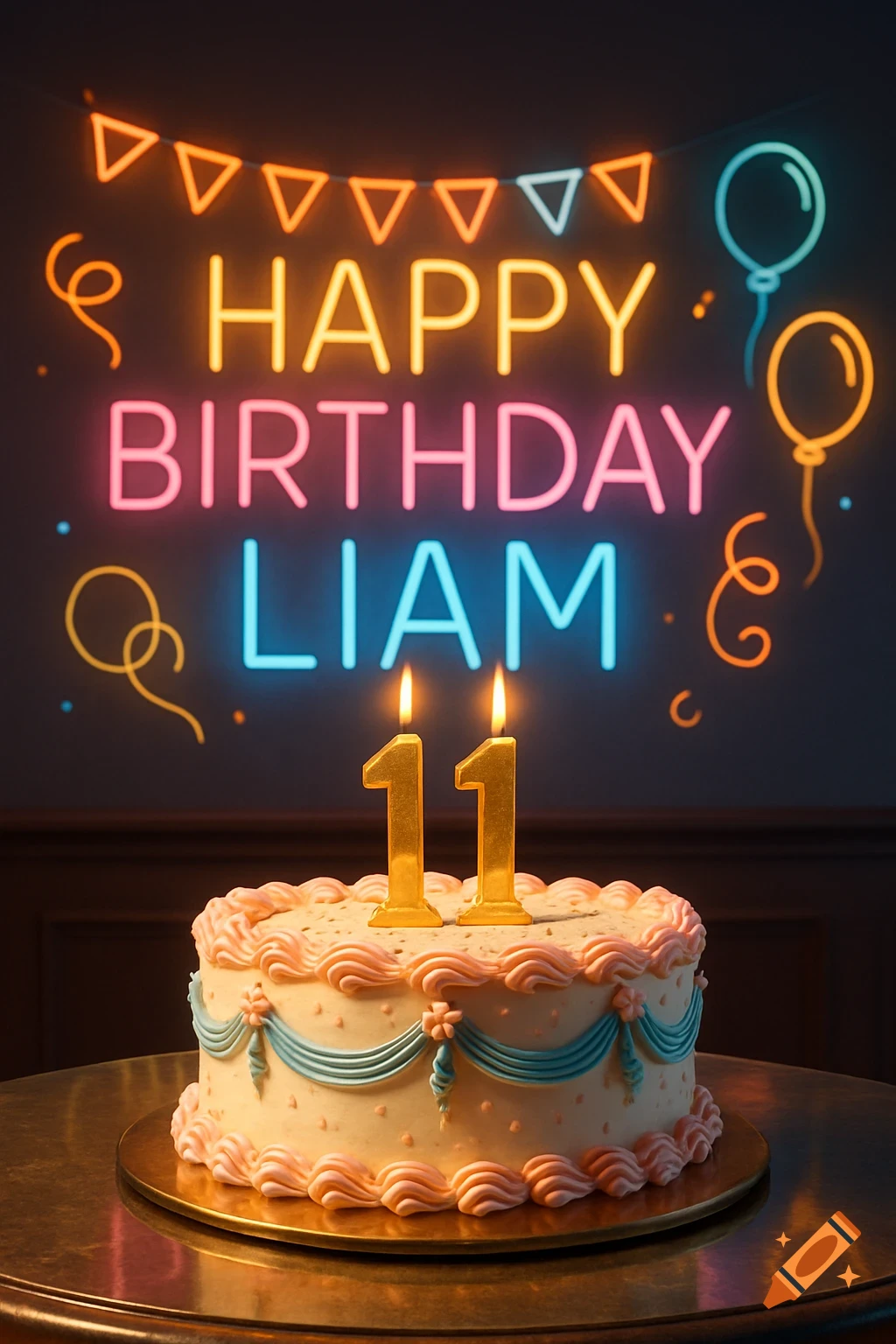 A birthday cake with "11" candles sits below neon signs that read "HAPPY BIRTHDAY LIAM," surrounded by neon balloons and streamers.
