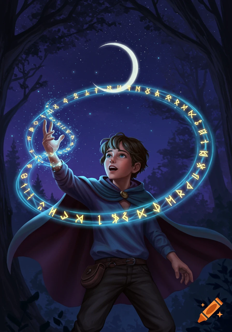 A young boy in a cape casts a spell, his hand glowing amidst swirling magical runes in a dark forest under a crescent moon.