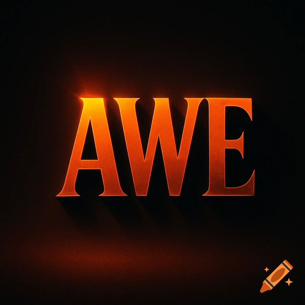 The word AWE in large, glowing orange letters against a dark black background.