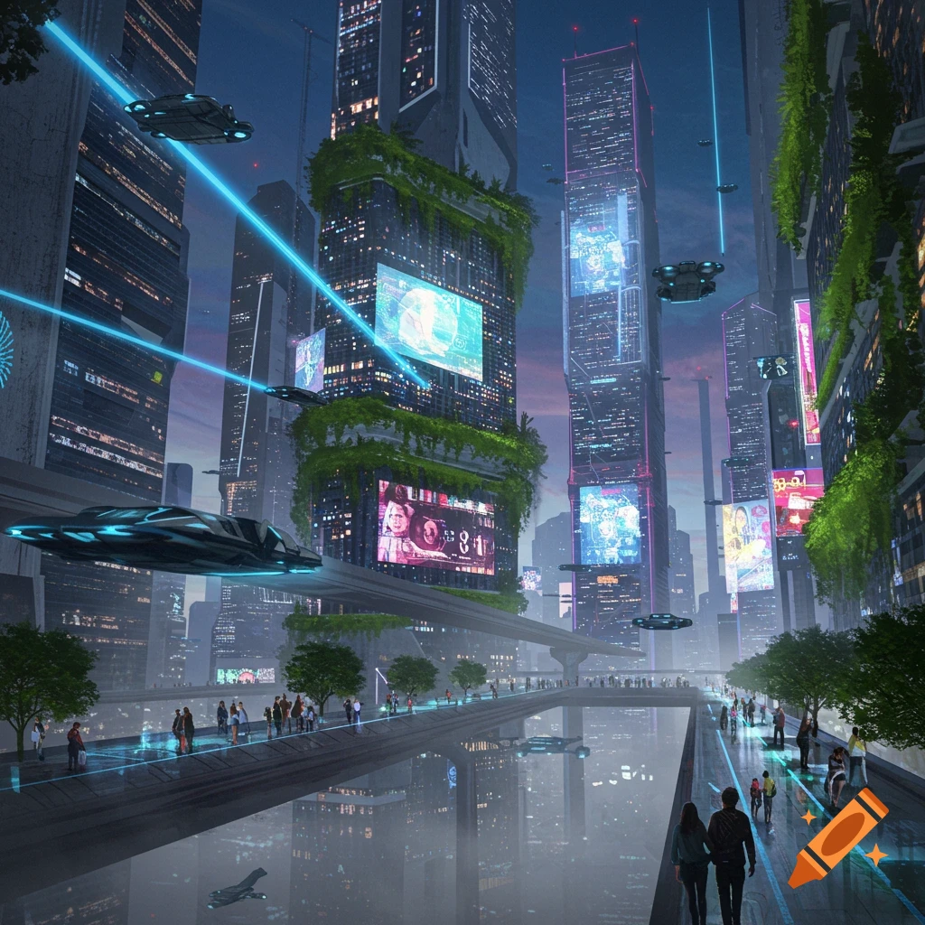 A vibrant, photorealistic futuristic city at dusk, with towering green skyscrapers, glowing screens, flying vehicles, and people on a canal-side promenade.