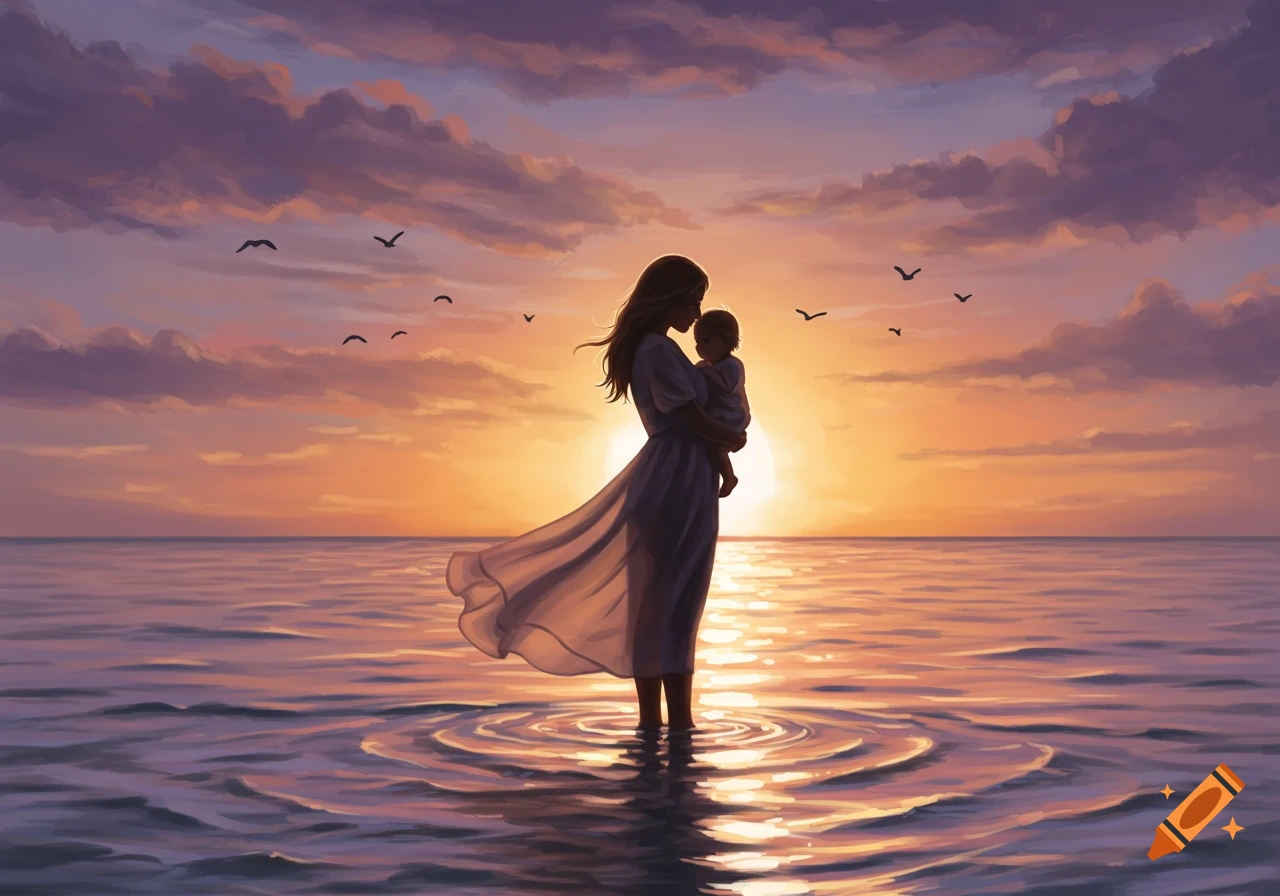 A silhouetted woman holds a baby in the ocean at sunset, with birds flying in a painterly style.