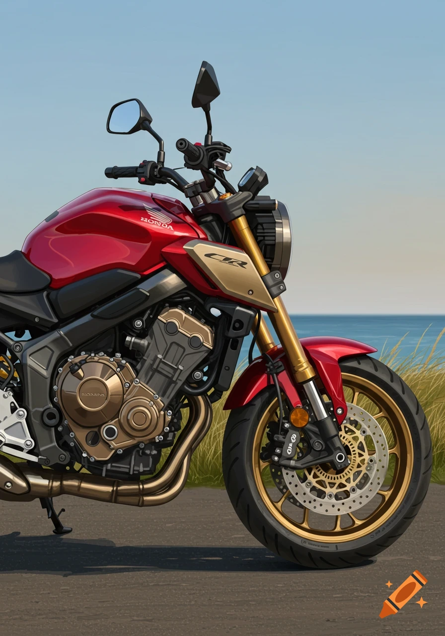 A red and gold Honda CB650R motorcycle with an illustrative style, parked on asphalt next to tall grass with the ocean in the background.