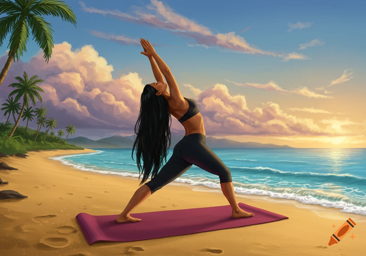 A Hispanic woman with long dark hair doing yoga on a purple mat on a sandy beach at sunset, with palm trees and the ocean in an illustrative style.