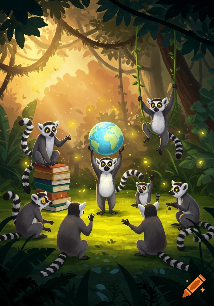 Colorful illustration of lemurs in a sunny jungle; one holds a globe, another sits on books, others interact.