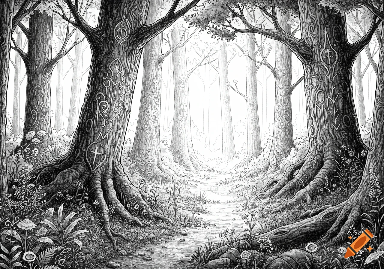 Detailed black and white line art illustration of an enchanted forest with ornate, gnarled trees and a path winding through the foliage.