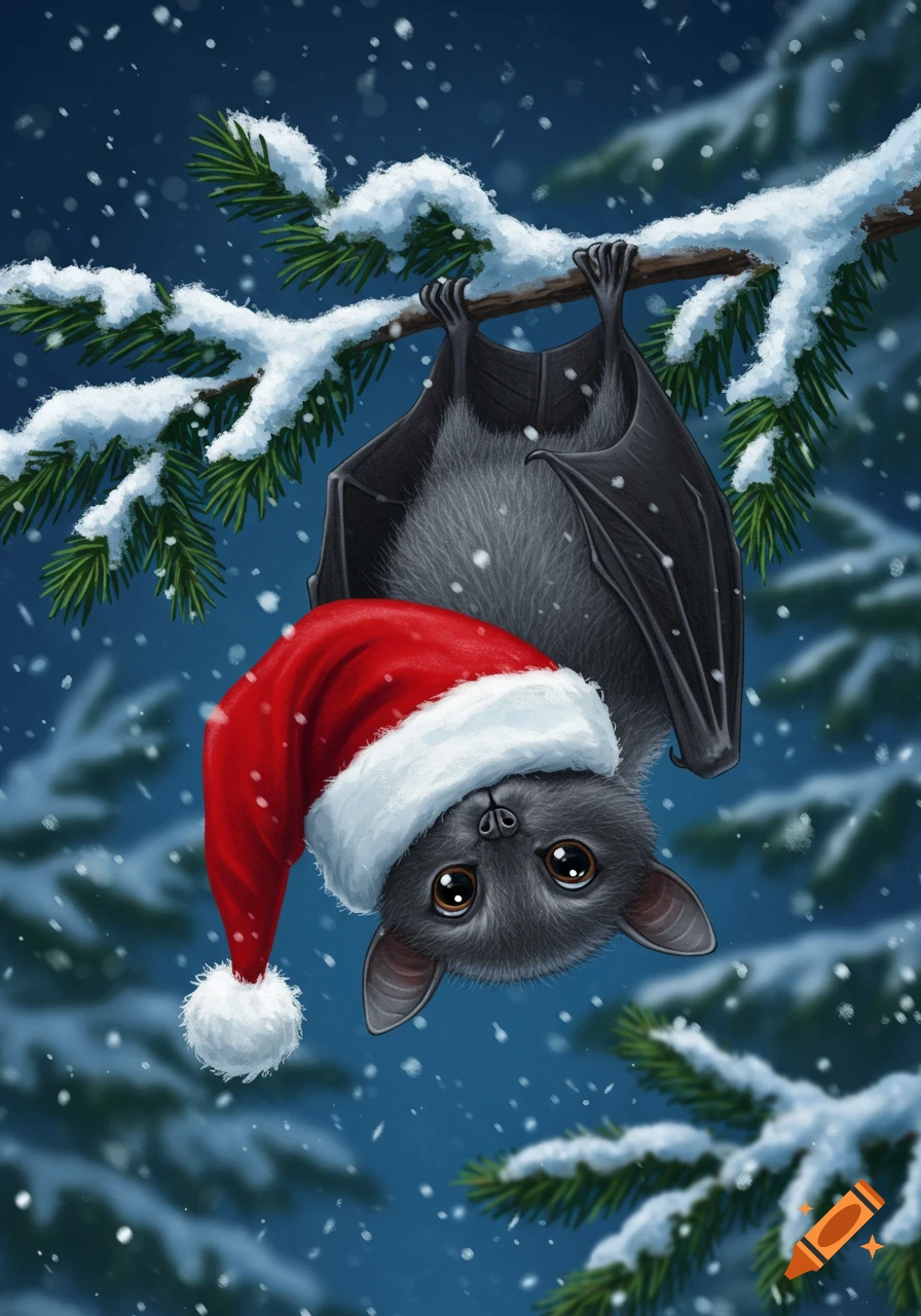 A cute gray cartoon bat wearing a red Santa hat hangs upside down from a snow-covered pine branch as snow falls.