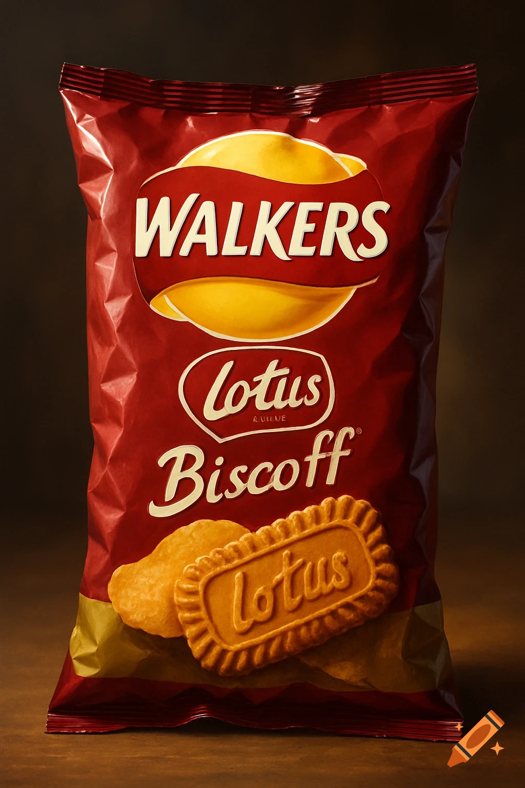 A close-up, photorealistic image of a red snack packet labeled 'WALKERS Lotus Biscoff', with two Biscoff biscuits at the bottom.