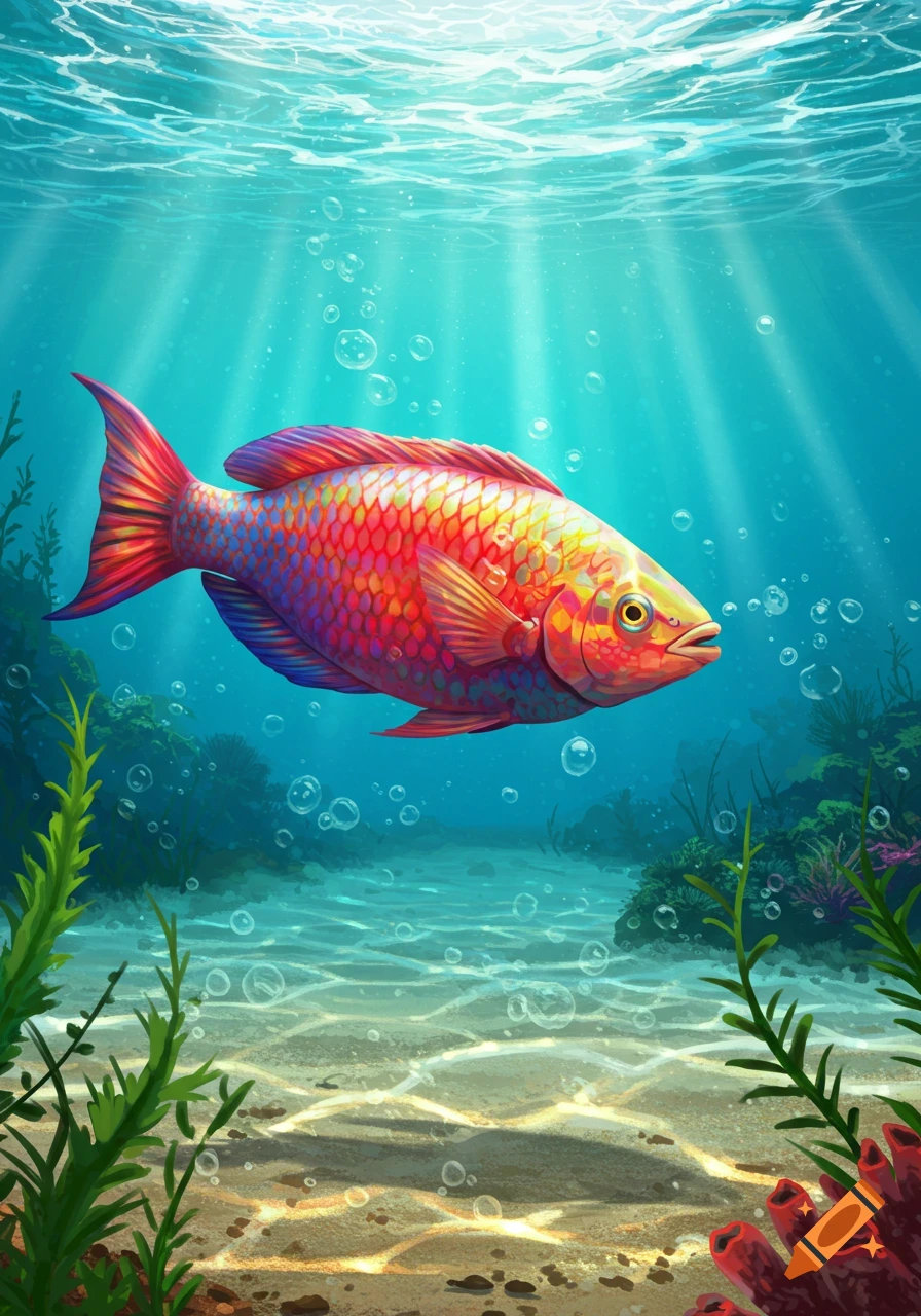 A vibrant, rainbow-colored fish swims amidst bubbles and aquatic plants in a sunlit underwater scene.