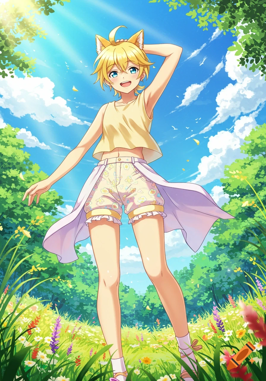 Smiling anime character with blonde hair, cat ears, and blue eyes, wearing a crop top and patterned shorts, stands in a sunny wildflower field.