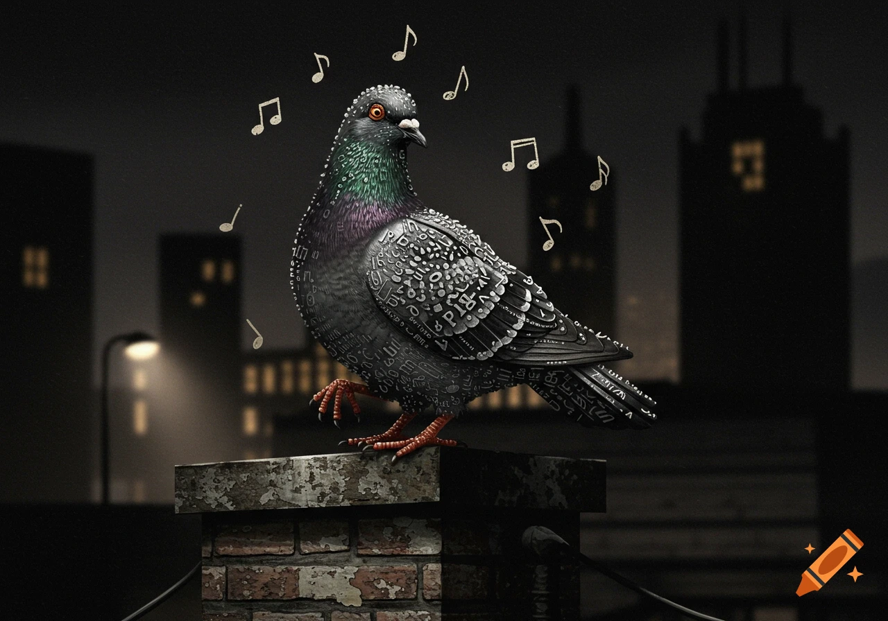A detailed pigeon with text-like patterns on its feathers stands on a brick chimney, with musical notes around it in a dark city.