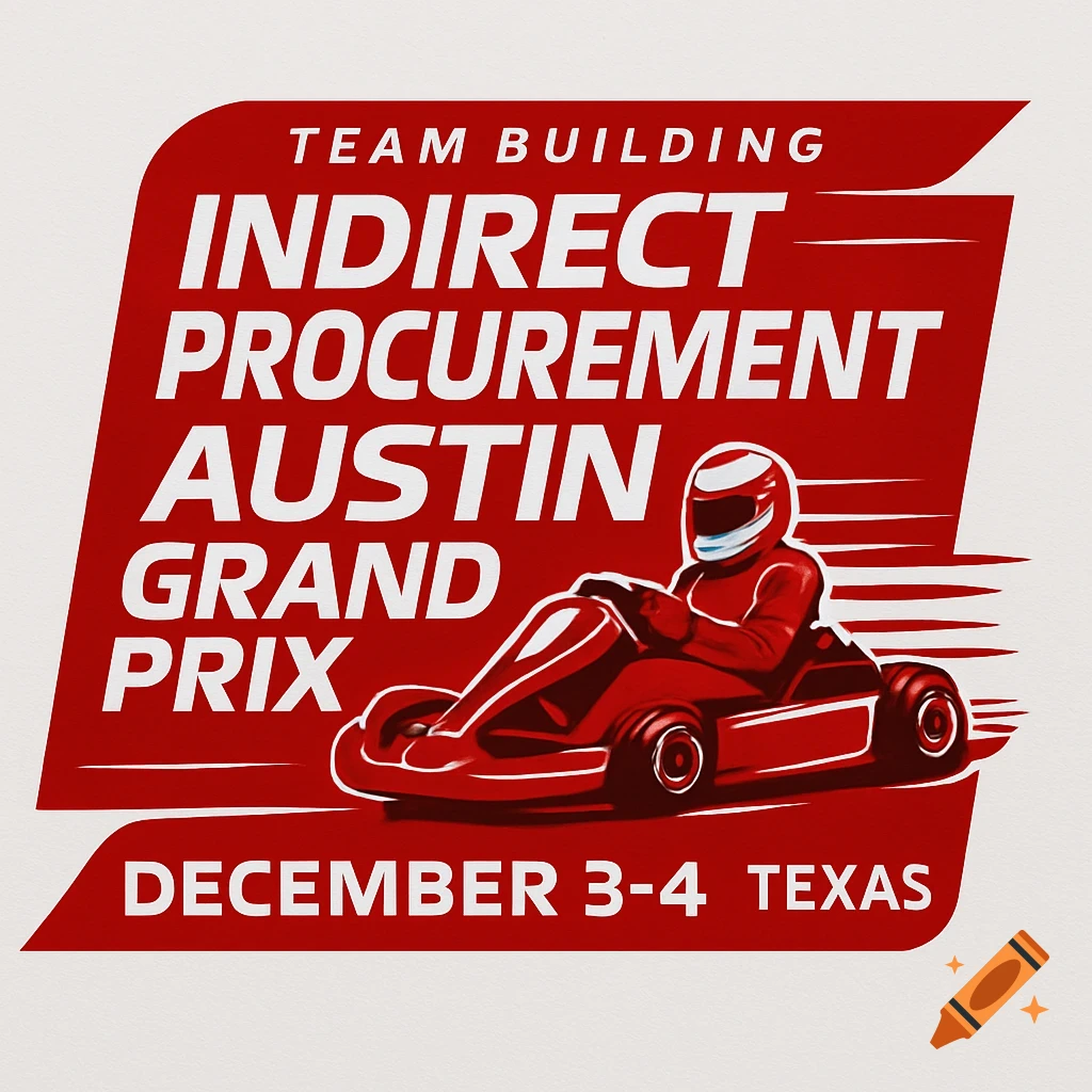 Red and white event logo featuring a go-kart driver, with text 'Team Building Indirect Procurement Austin Grand Prix December 3-4 Texas'.
