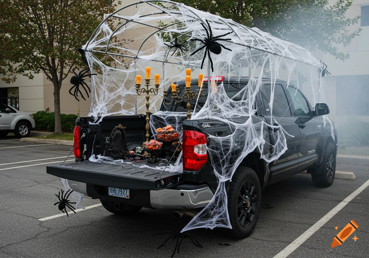 A black pickup truck decorated for Halloween with spider webs, large spiders, candelabras, and candy in the bed, parked outdoors.