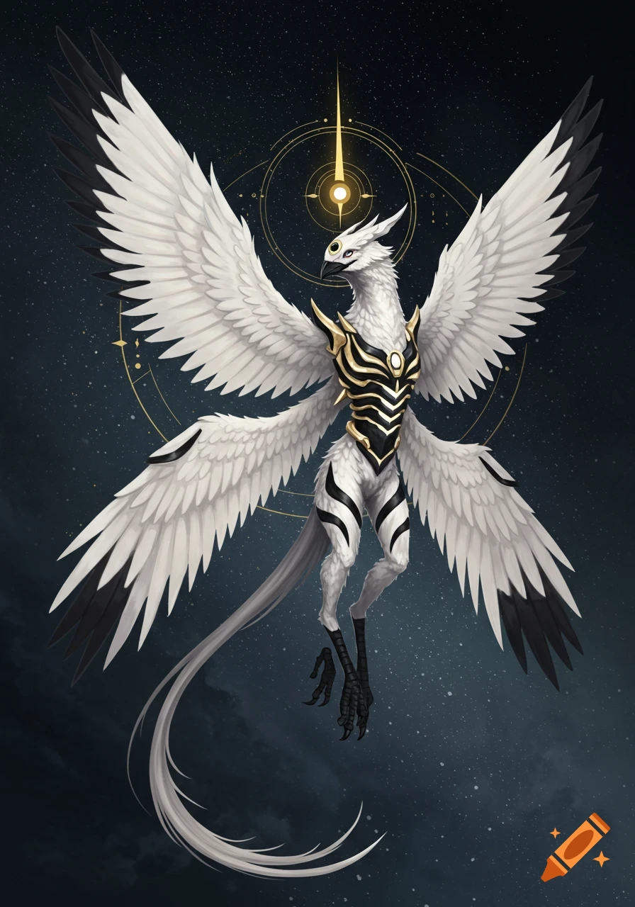 A majestic white bird-like fantasy creature with six wings, gold armor, and black markings, floats against a starry cosmic background.