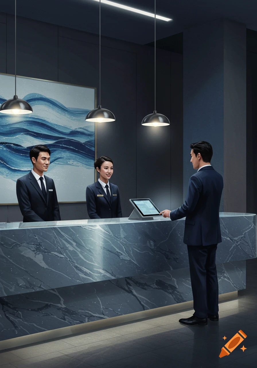 Two hotel staff behind a marble reception desk assist a male customer looking at a tablet, with a blue abstract painting in the background.