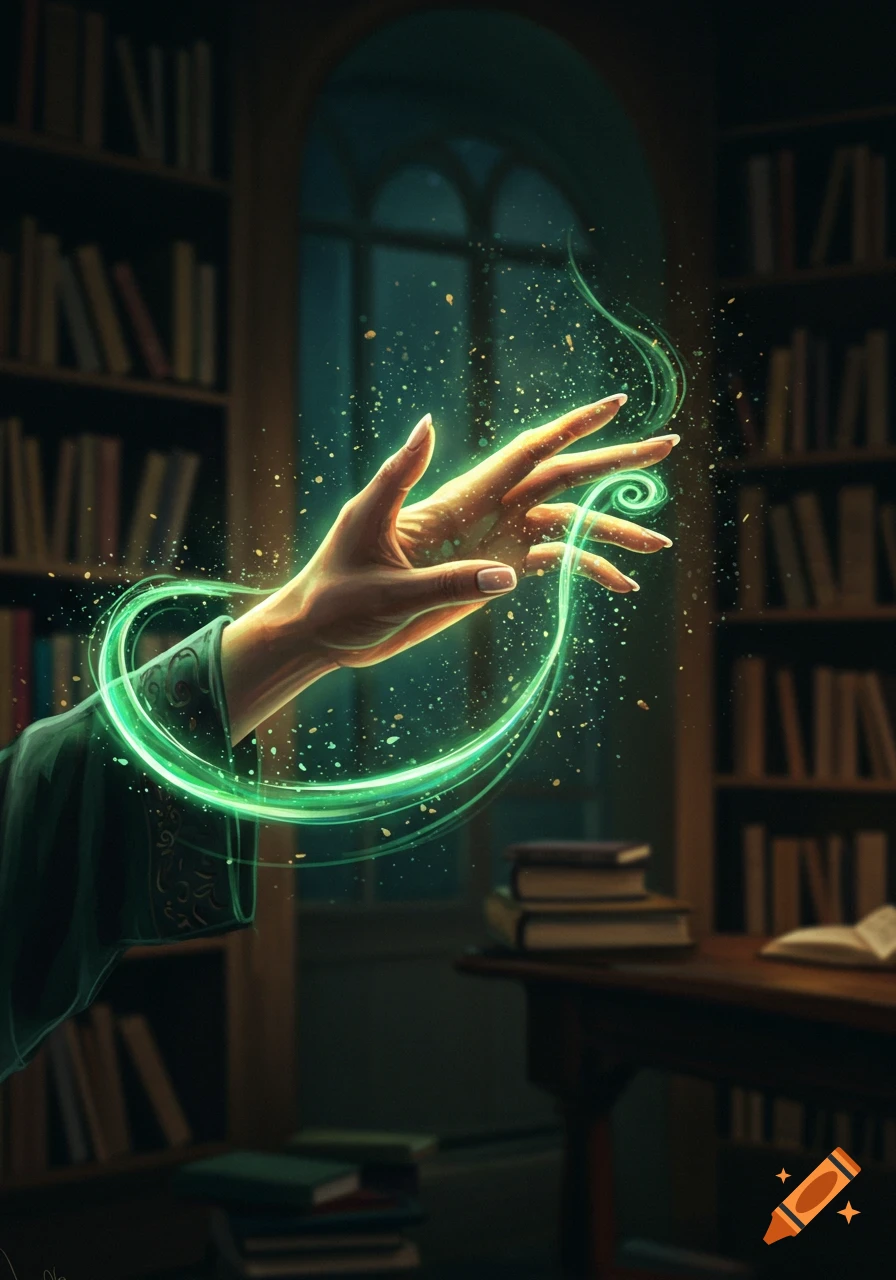 A hand in a dark library casts a spell, emitting glowing green energy and sparkling particles.
