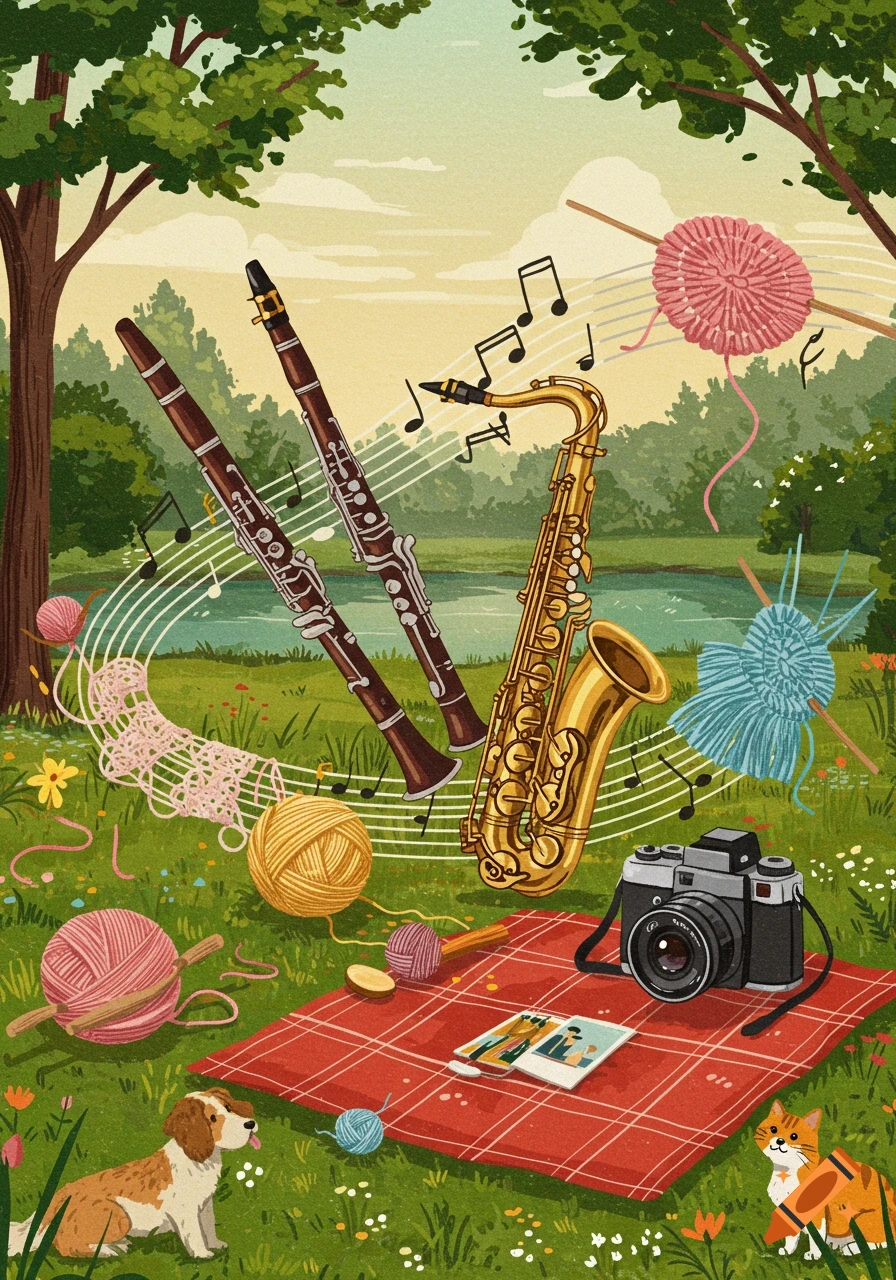 A colorful illustration depicting various hobbies in a park setting with a lake. Musical instruments, knitting yarn, a camera, a dog, and a cat are on a picnic blanket.