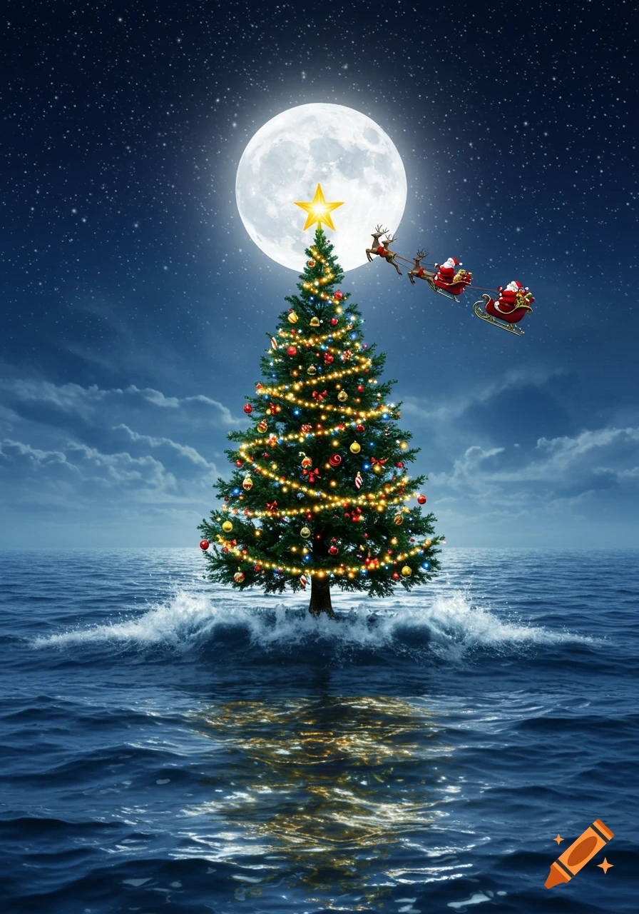 A decorated Christmas tree stands in the ocean under a full moon, with Santa's sleigh pulled by reindeer flying across the starry night sky.