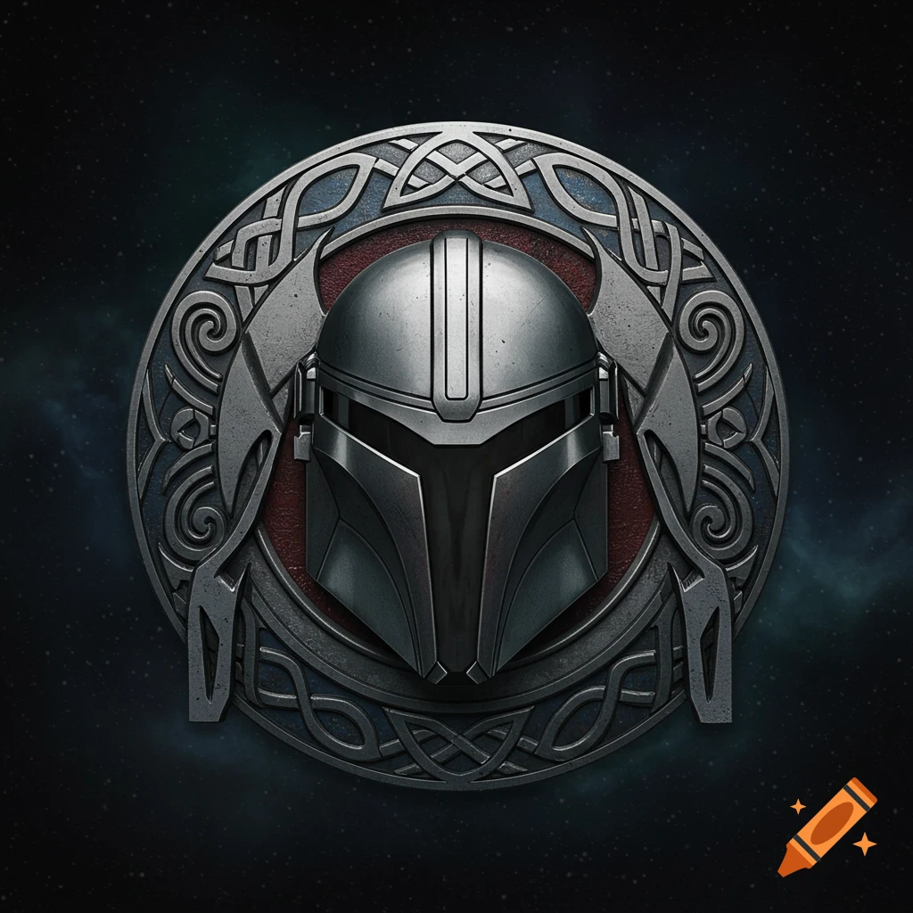 A detailed silver Mandalorian helmet centered on a circular Celtic knot emblem against a starry dark background.