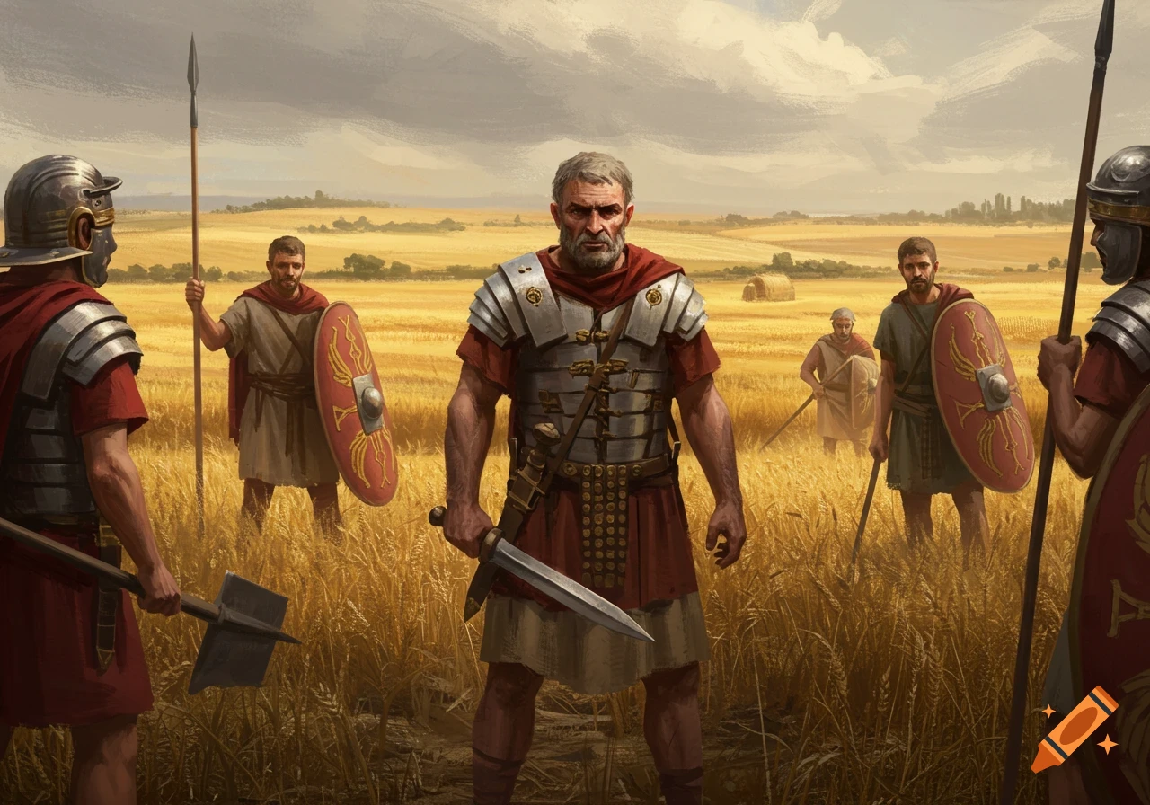 Roman soldiers and farmers stand in a golden wheat field under a cloudy sky, a digital painting.