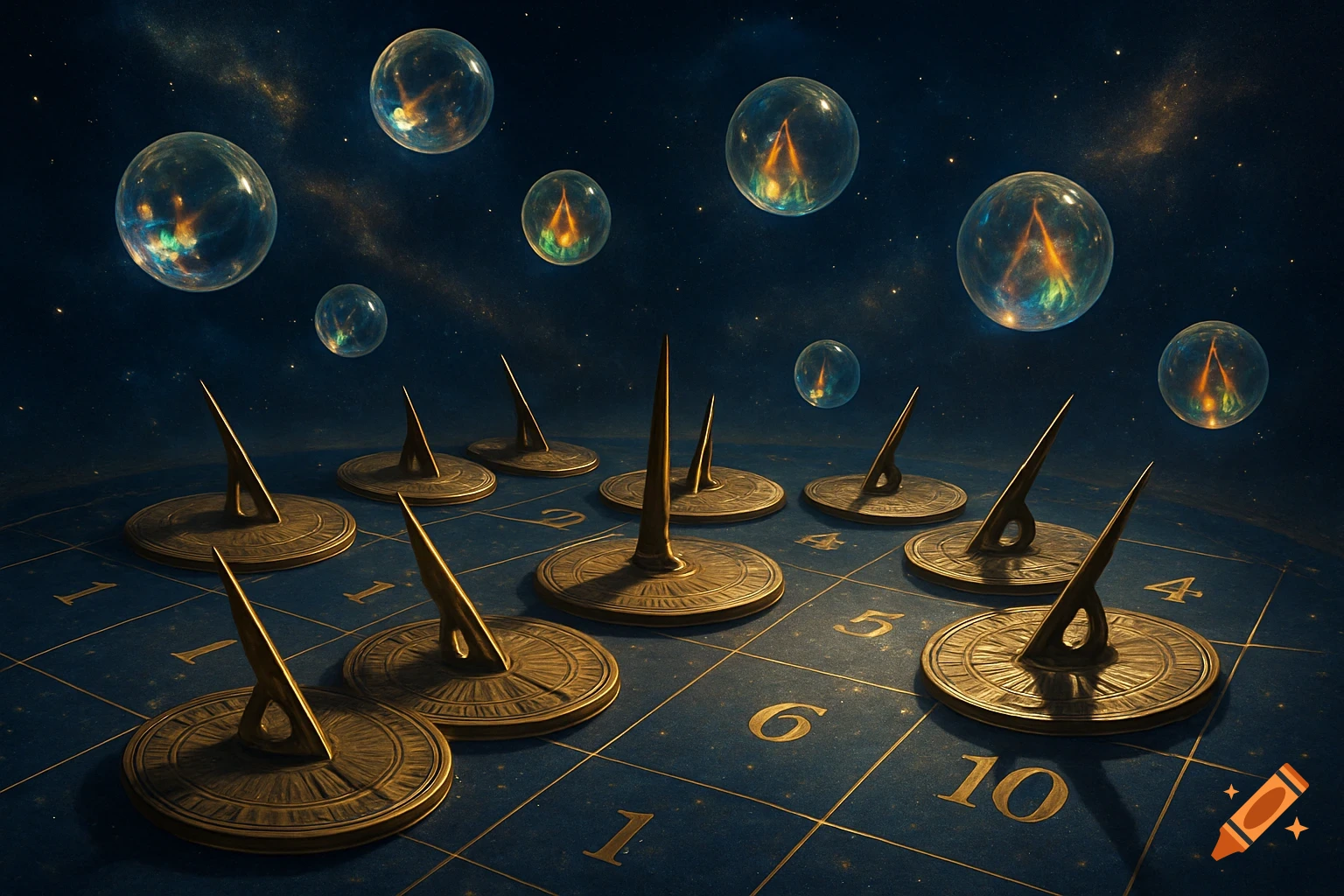 Golden sundials on a numbered grid, under a starry cosmic sky with glowing orbs.