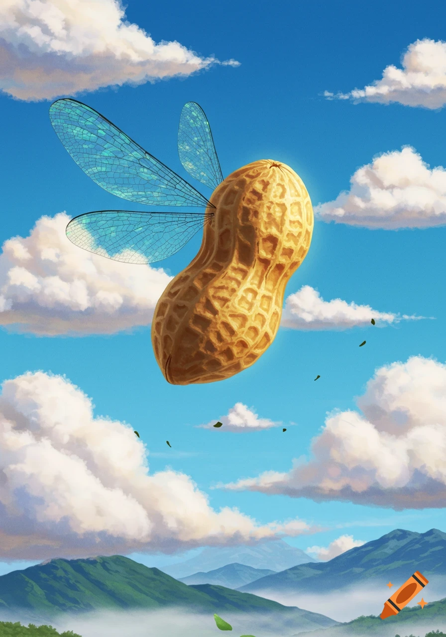 A detailed illustration of a flying peanut with translucent blue dragonfly wings against a bright blue sky with clouds and mountains.
