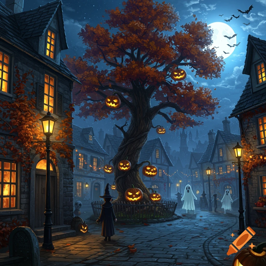 A witch stands on a cobblestone street in a spooky old town at night, illuminated by a full moon, with ghosts and jack-o'-lanterns hanging from a large autumn tree.