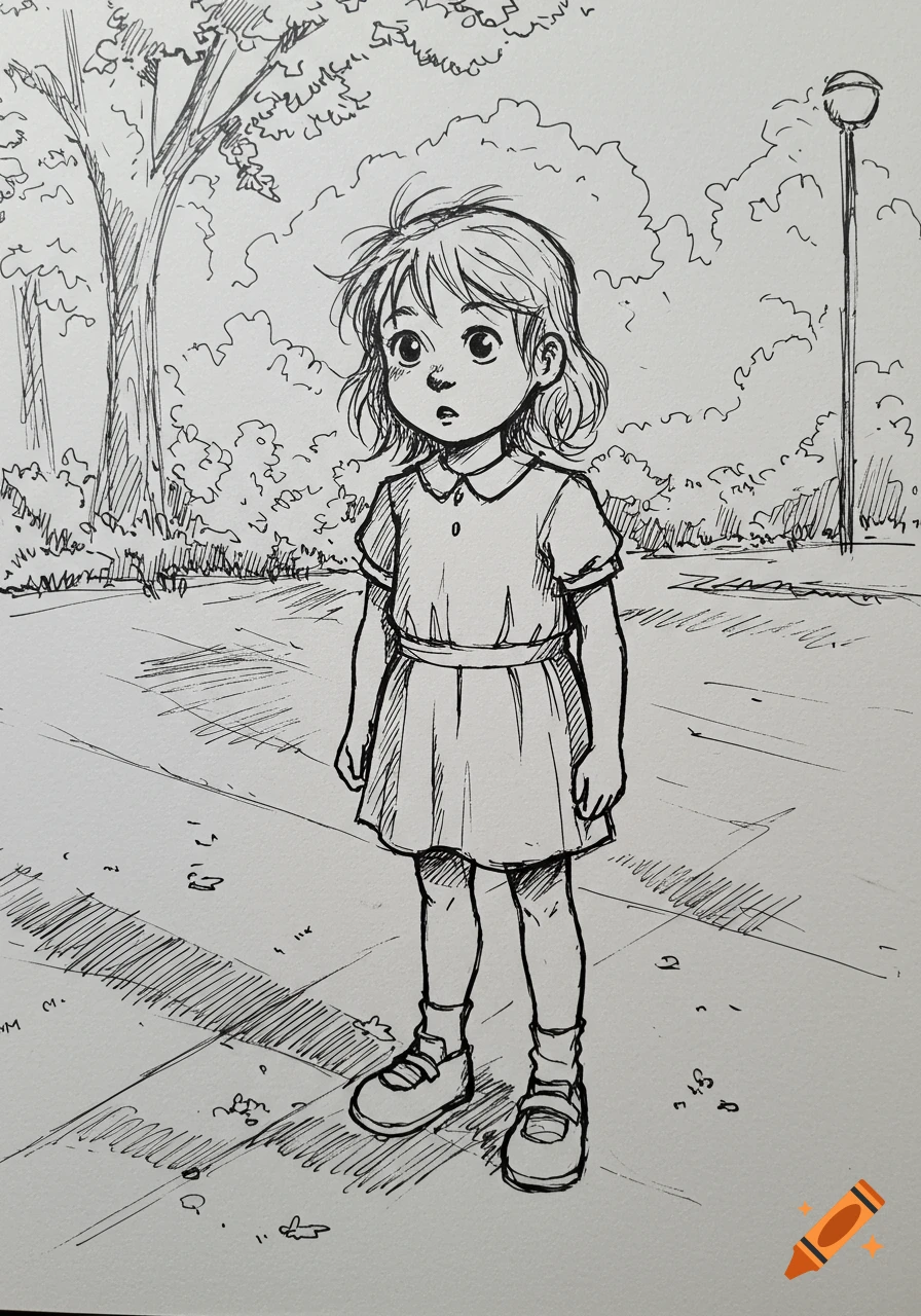 A black and white amateur line drawing of a young girl with short hair in a dress, standing in a park with trees and a lamppost.