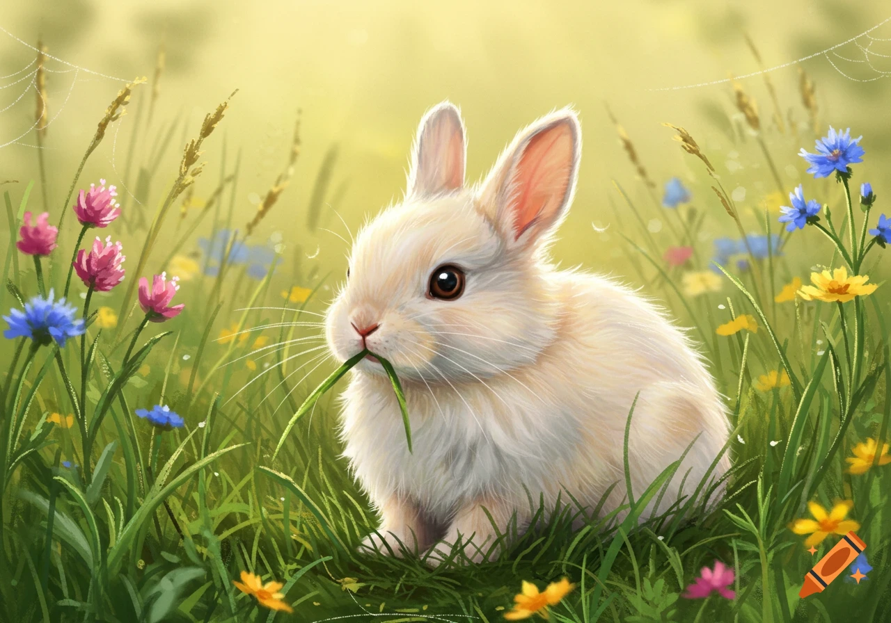 A fluffy white rabbit eats grass in a sunny field filled with colorful wildflowers, depicted in an illustrative style.