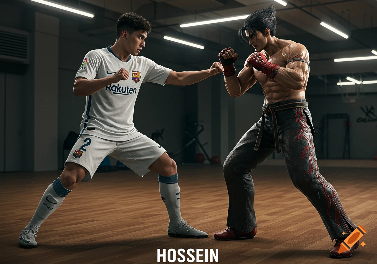 A young man in a white FC Barcelona kit and Jin Kazama from Tekken face off in a realistic cinematic photo in a modern gym.