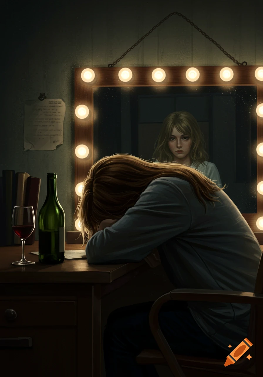 A woman with long brown hair rests her head on a desk in a dark dressing room, a wine bottle nearby. Her younger reflection stares from a lighted mirror.